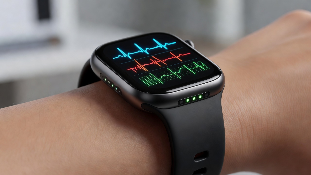 Detailed close-up view of smart wearable health tracking device