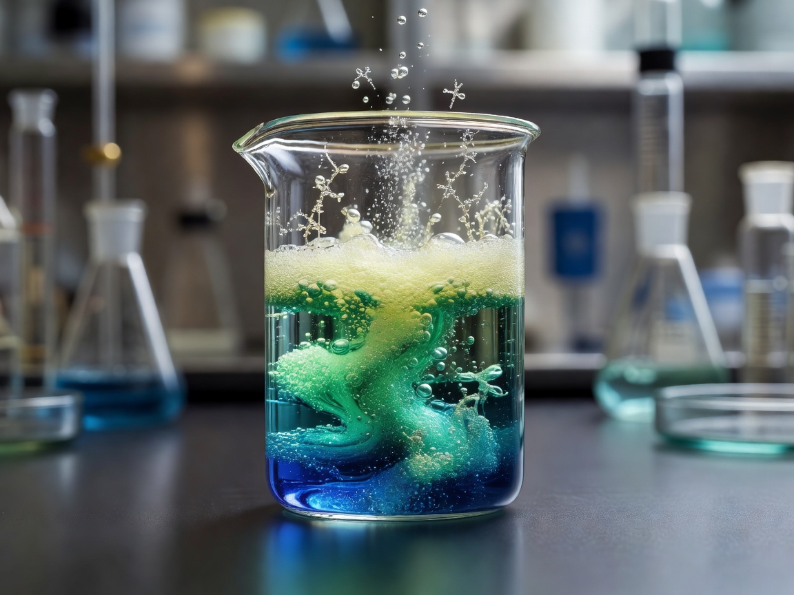Laboratory glass beaker with chemical reactions representing precursor chemistry