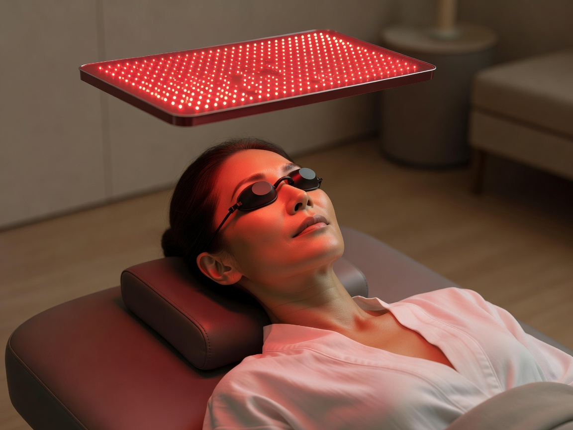 Person experiencing therapeutic red light treatment for collagen stimulation
